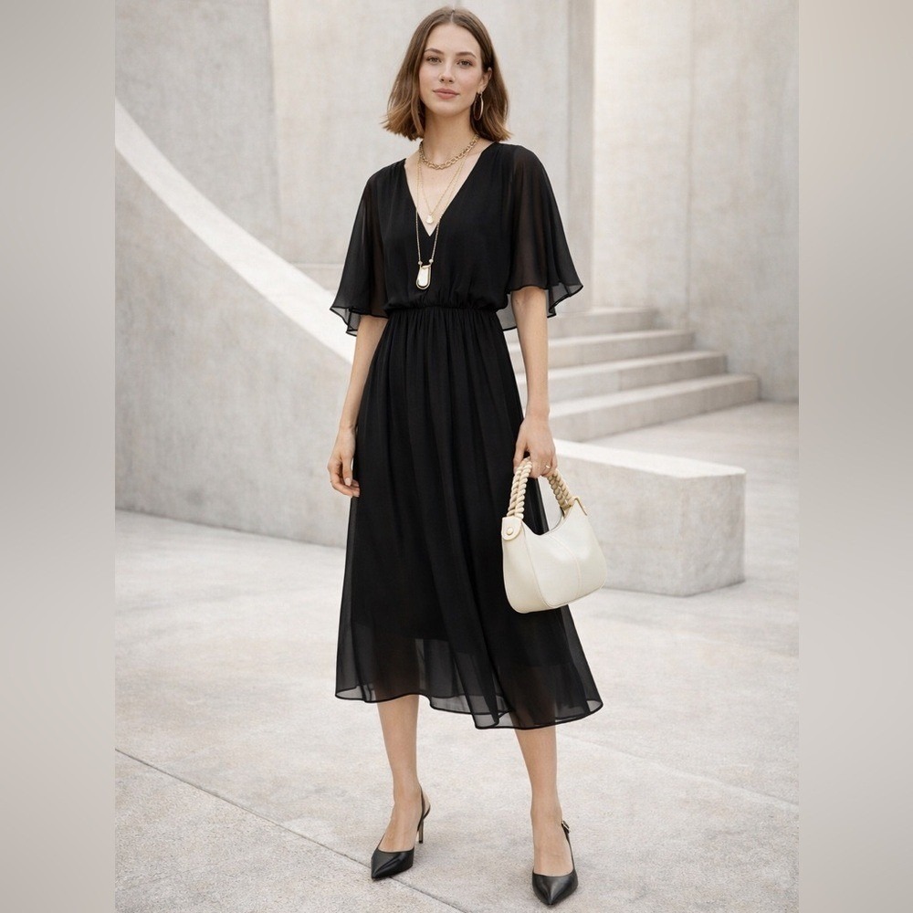 MASSIMO DUTTI Black Flowy Dress 4 Chiffon Flutter Sleeve Designer LBD Streetwear